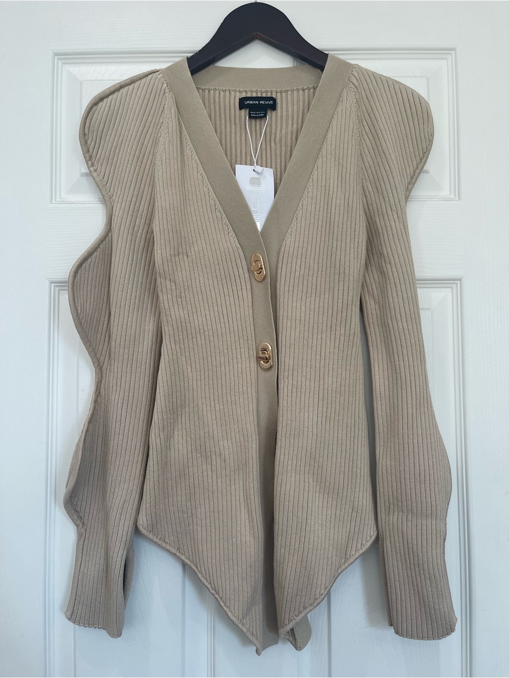 Beige Ribbed V‑Neck Button Cardigan Sweater